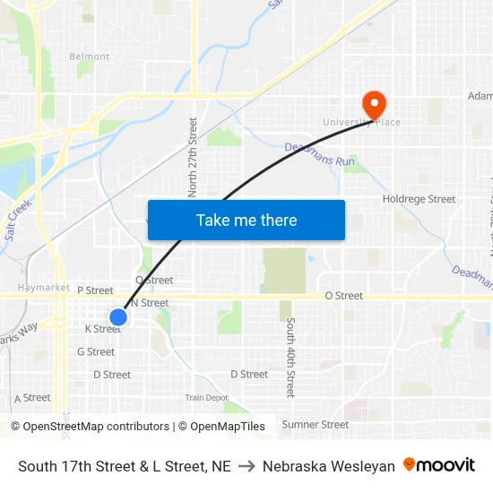 South 17th Street & L Street, NE to Nebraska Wesleyan map
