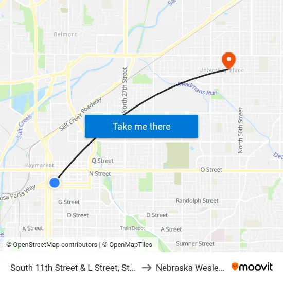 South 11th Street & L Street, Stop 2 to Nebraska Wesleyan map