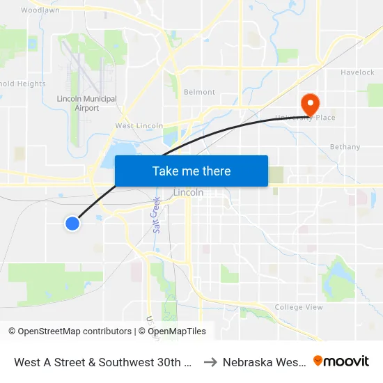 West A Street & Southwest 30th Street, SW to Nebraska Wesleyan map