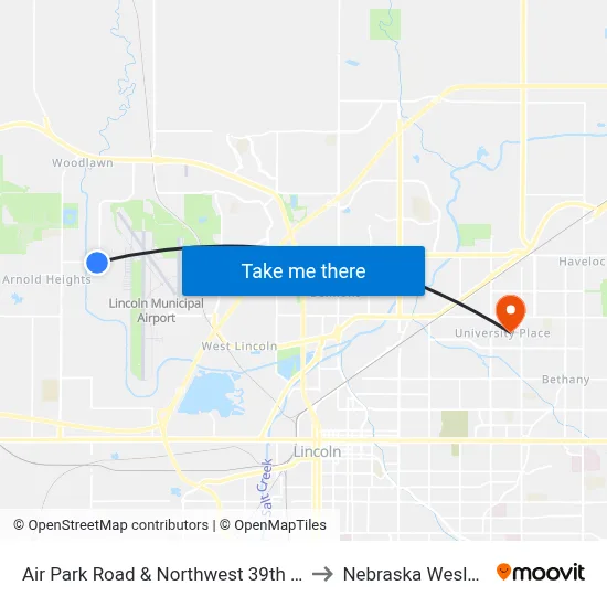 Air Park Road & Northwest 39th Street to Nebraska Wesleyan map
