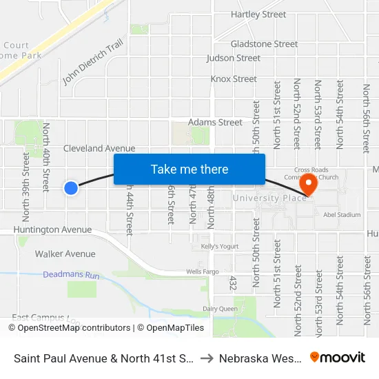 Saint Paul Avenue & North 41st Street, NE to Nebraska Wesleyan map