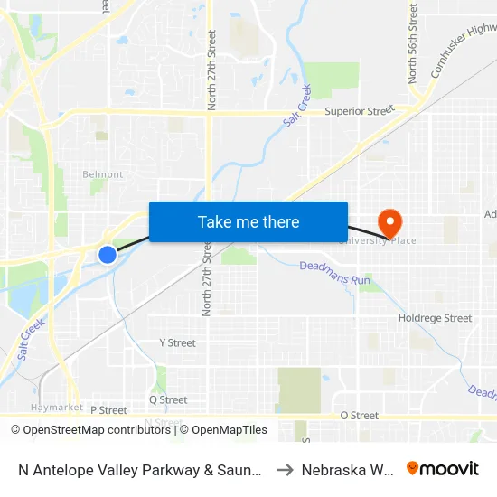 N Antelope Valley Parkway & Saunders Avenue, NE to Nebraska Wesleyan map