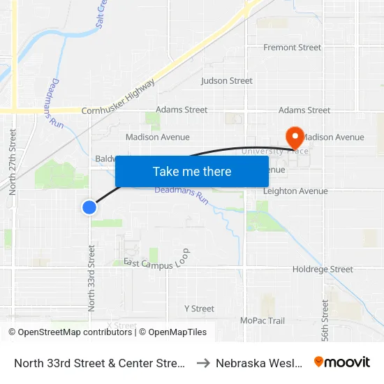 North 33rd Street & Center Street, NW to Nebraska Wesleyan map