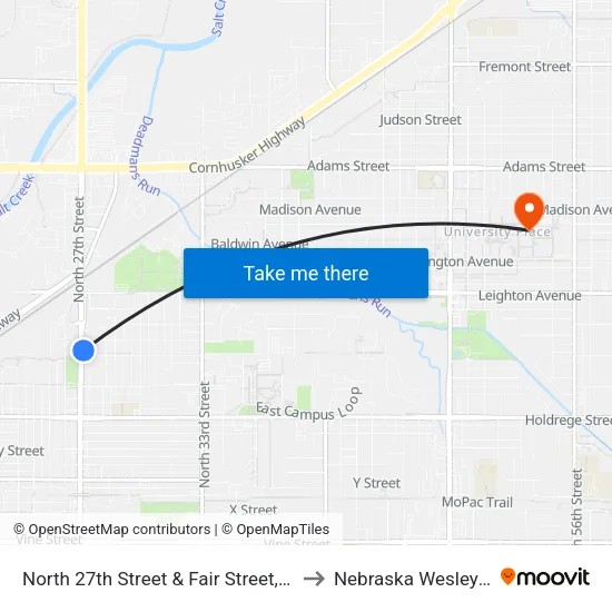 North 27th Street & Fair Street, NE to Nebraska Wesleyan map