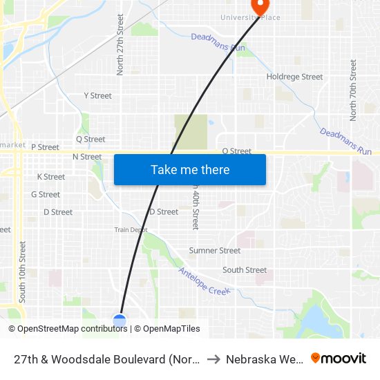 27th & Woodsdale Boulevard (Northwest Side) to Nebraska Wesleyan map