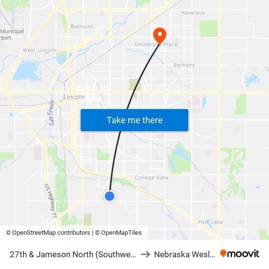 27th & Jameson North (Southwest Side) to Nebraska Wesleyan map