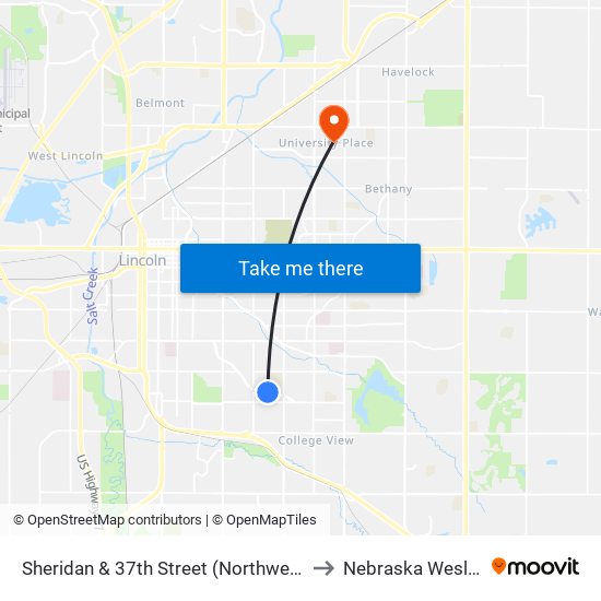 Sheridan & 37th Street (Northwest Side) to Nebraska Wesleyan map