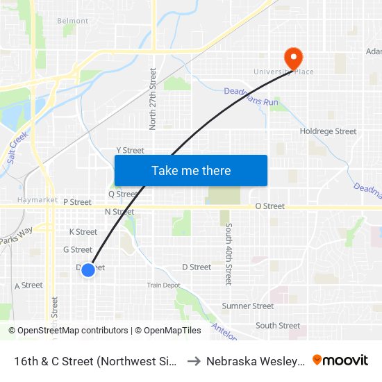 16th & C Street (Northwest Side) to Nebraska Wesleyan map