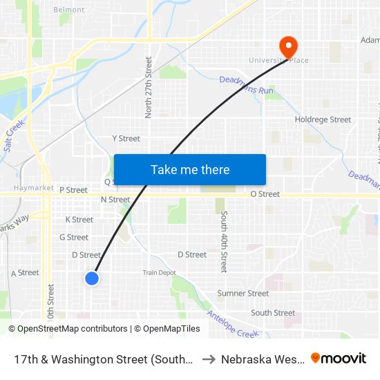 17th & Washington Street (Southeast Side) to Nebraska Wesleyan map