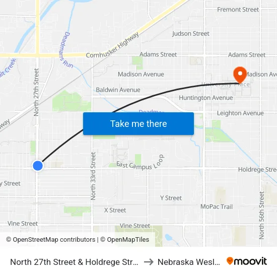 North 27th Street & Holdrege Street, NE to Nebraska Wesleyan map