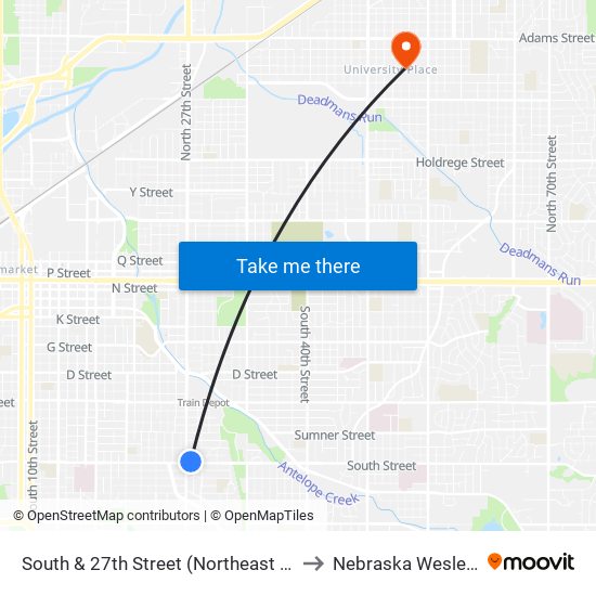 South & 27th Street (Northeast Side) to Nebraska Wesleyan map