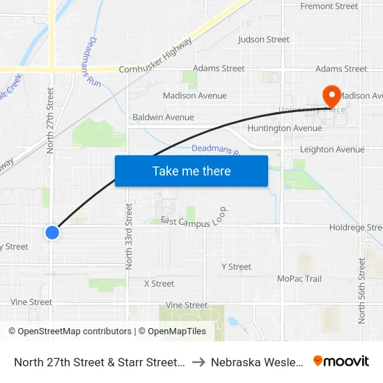 North 27th Street & Starr Street, NE to Nebraska Wesleyan map