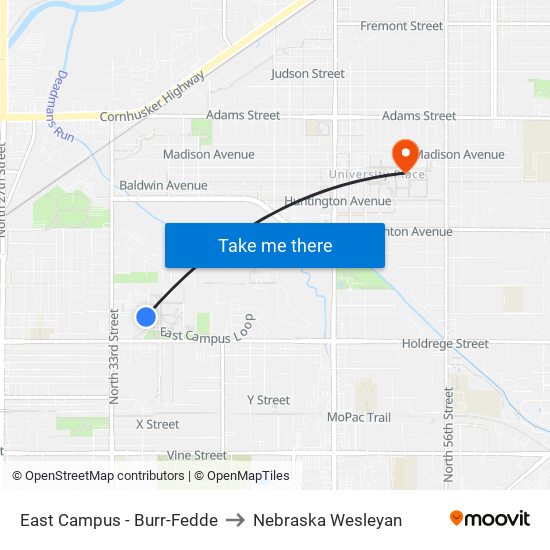 East Campus - Burr-Fedde to Nebraska Wesleyan map