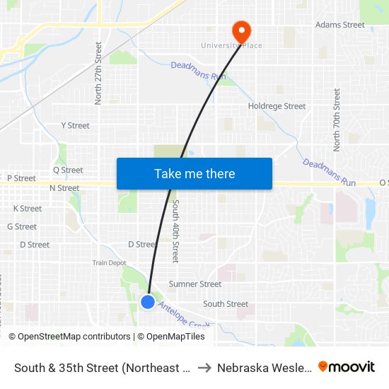 South & 35th Street (Northeast Side) to Nebraska Wesleyan map