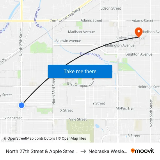 North 27th Street & Apple Street, Se to Nebraska Wesleyan map