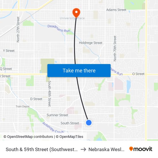 South & 59th Street (Southwest Side) to Nebraska Wesleyan map