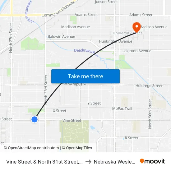 Vine Street & North 31st Street, NE to Nebraska Wesleyan map