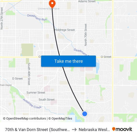 70th & Van Dorn Street (Southwest Side) to Nebraska Wesleyan map