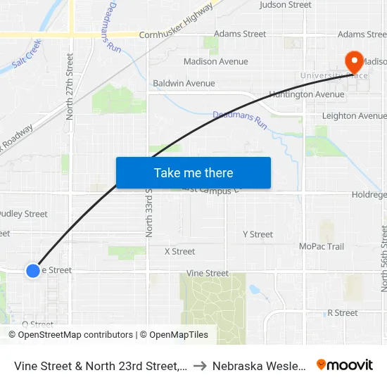 Vine Street & North 23rd Street, NE to Nebraska Wesleyan map