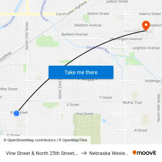 Vine Street & North 25th Street, SW to Nebraska Wesleyan map