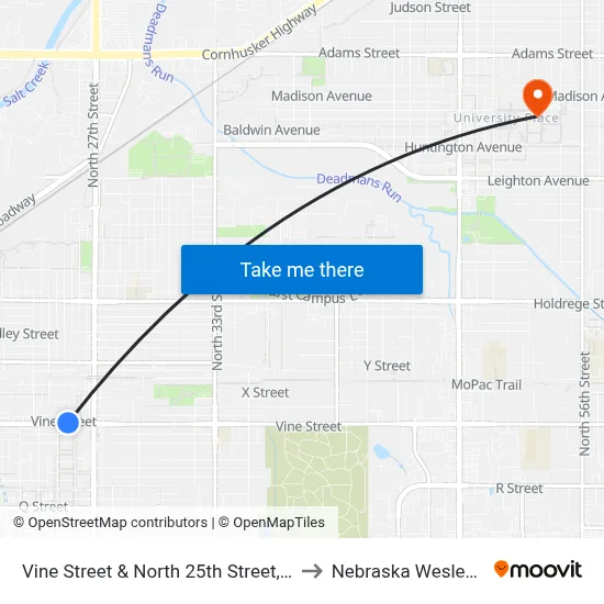 Vine Street & North 25th Street, NE to Nebraska Wesleyan map
