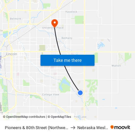 Pioneers & 80th Street (Northwest Side) to Nebraska Wesleyan map