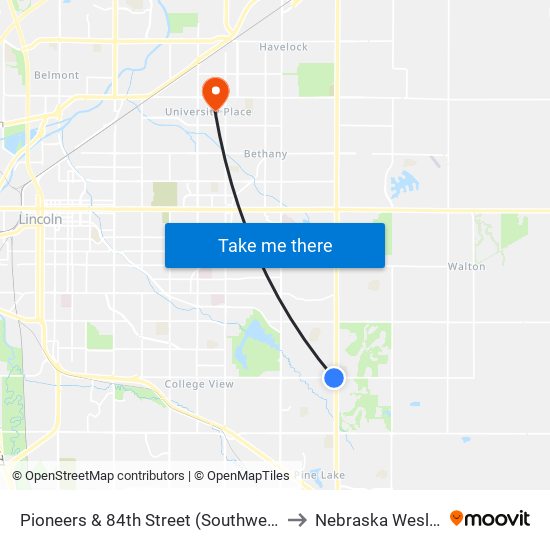 Pioneers & 84th Street (Southwest Side) to Nebraska Wesleyan map