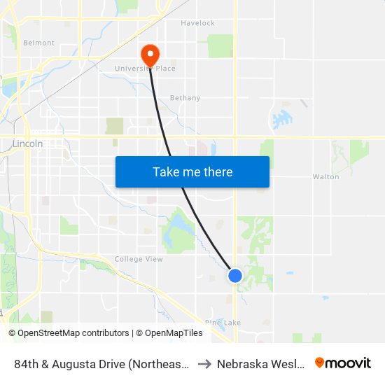 84th & Augusta Drive (Northeast Side) to Nebraska Wesleyan map