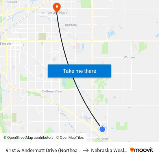 91st & Andermatt Drive (Northeast Side) to Nebraska Wesleyan map