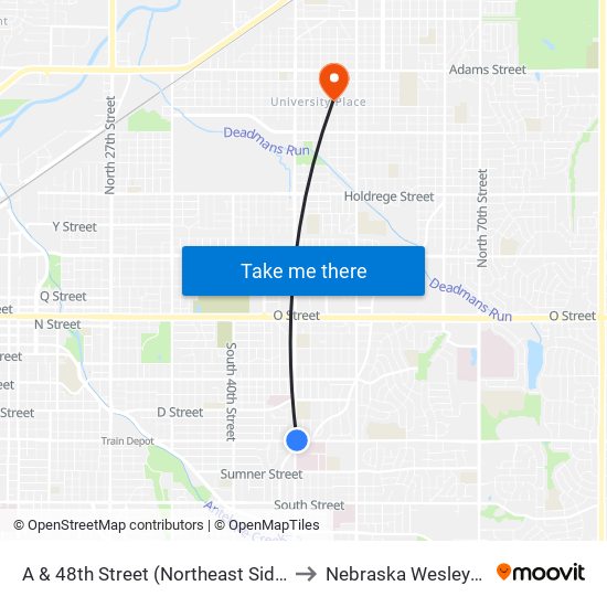 A & 48th Street (Northeast Side) to Nebraska Wesleyan map