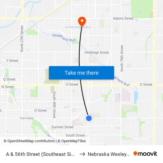 A & 56th Street (Southeast Side) to Nebraska Wesleyan map