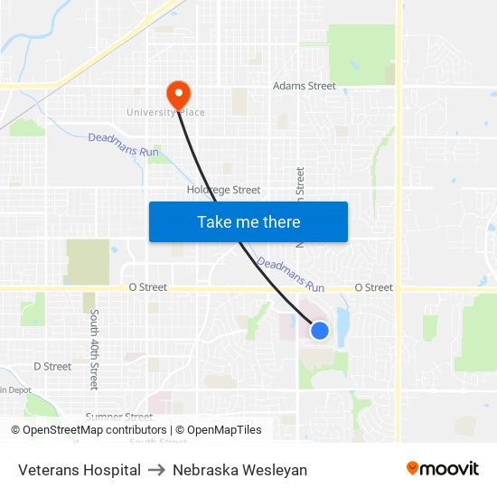 Veterans Hospital to Nebraska Wesleyan map