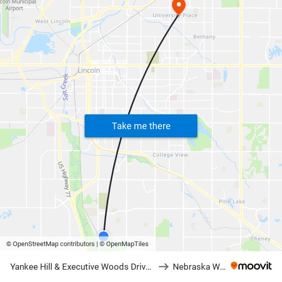 Yankee Hill & Executive Woods Drive (Northeast Side) to Nebraska Wesleyan map