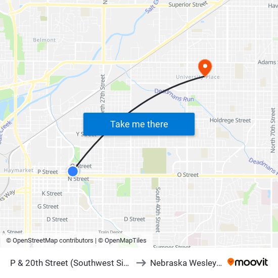 P & 20th Street (Southwest Side) to Nebraska Wesleyan map