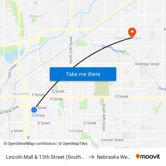 Lincoln Mall & 13th Street (Southwest Side) to Nebraska Wesleyan map