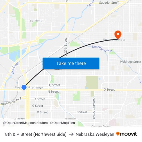 8th & P Street (Northwest Side) to Nebraska Wesleyan map