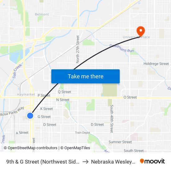 9th & G Street (Northwest Side) to Nebraska Wesleyan map