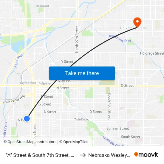 "A" Street & South 7th Street, NW to Nebraska Wesleyan map