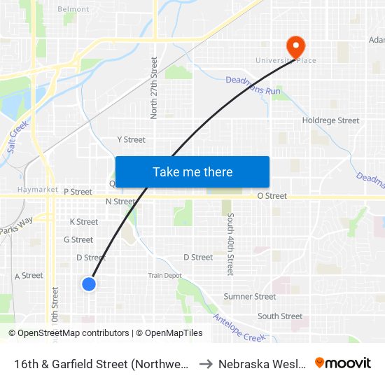 16th & Garfield Street (Northwest Side) to Nebraska Wesleyan map