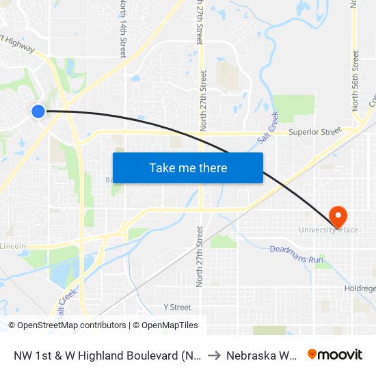NW 1st & W Highland Boulevard (Northeast Side) to Nebraska Wesleyan map