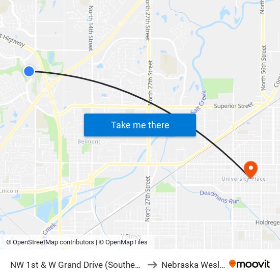 NW 1st & W Grand Drive (Southeast Side) to Nebraska Wesleyan map