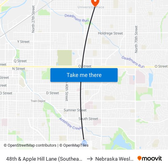 48th & Apple Hill Lane (Southeast Side) to Nebraska Wesleyan map