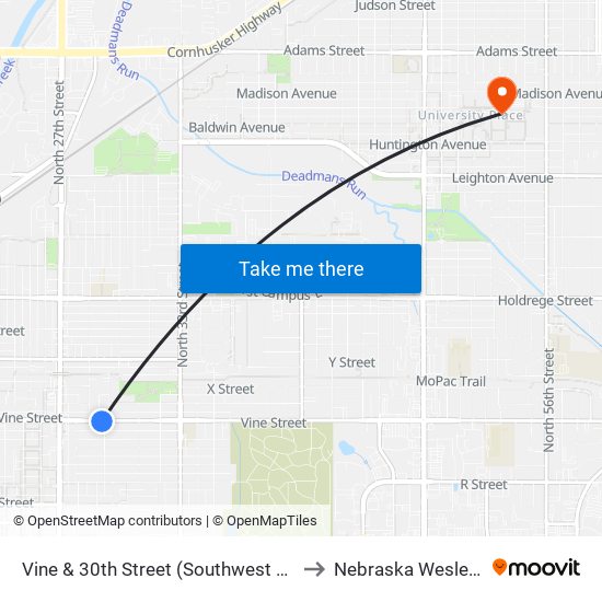 Vine & 30th Street (Southwest Side) to Nebraska Wesleyan map