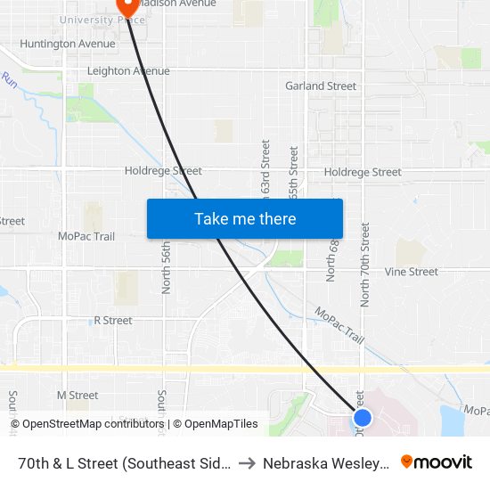 70th & L Street (Southeast Side) to Nebraska Wesleyan map