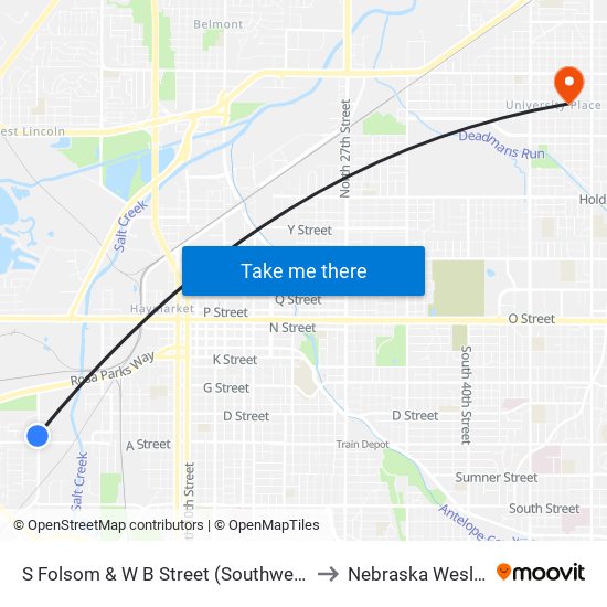 S Folsom & W B Street (Southwest Side) to Nebraska Wesleyan map