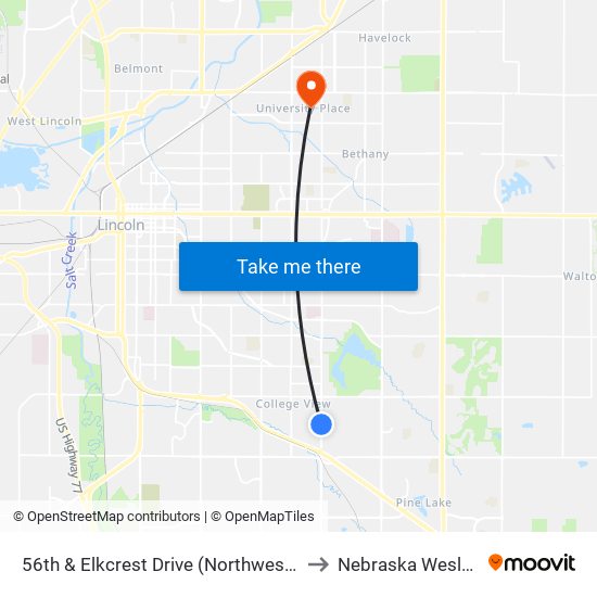 56th & Elkcrest Drive (Northwest Side) to Nebraska Wesleyan map