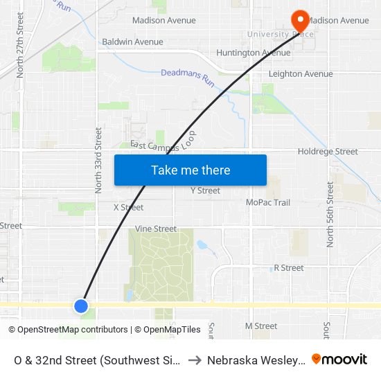 O & 32nd Street (Southwest Side) to Nebraska Wesleyan map