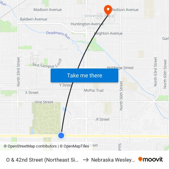 O & 42nd Street (Northeast Side) to Nebraska Wesleyan map