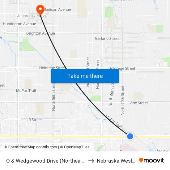 O & Wedgewood Drive (Northeast Side) to Nebraska Wesleyan map