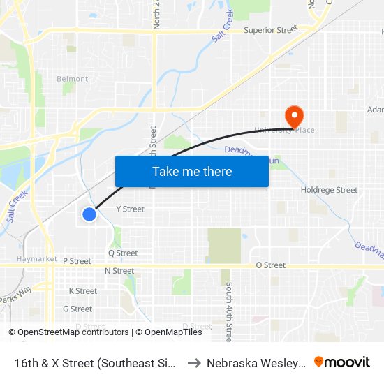 16th & X Street (Southeast Side) to Nebraska Wesleyan map